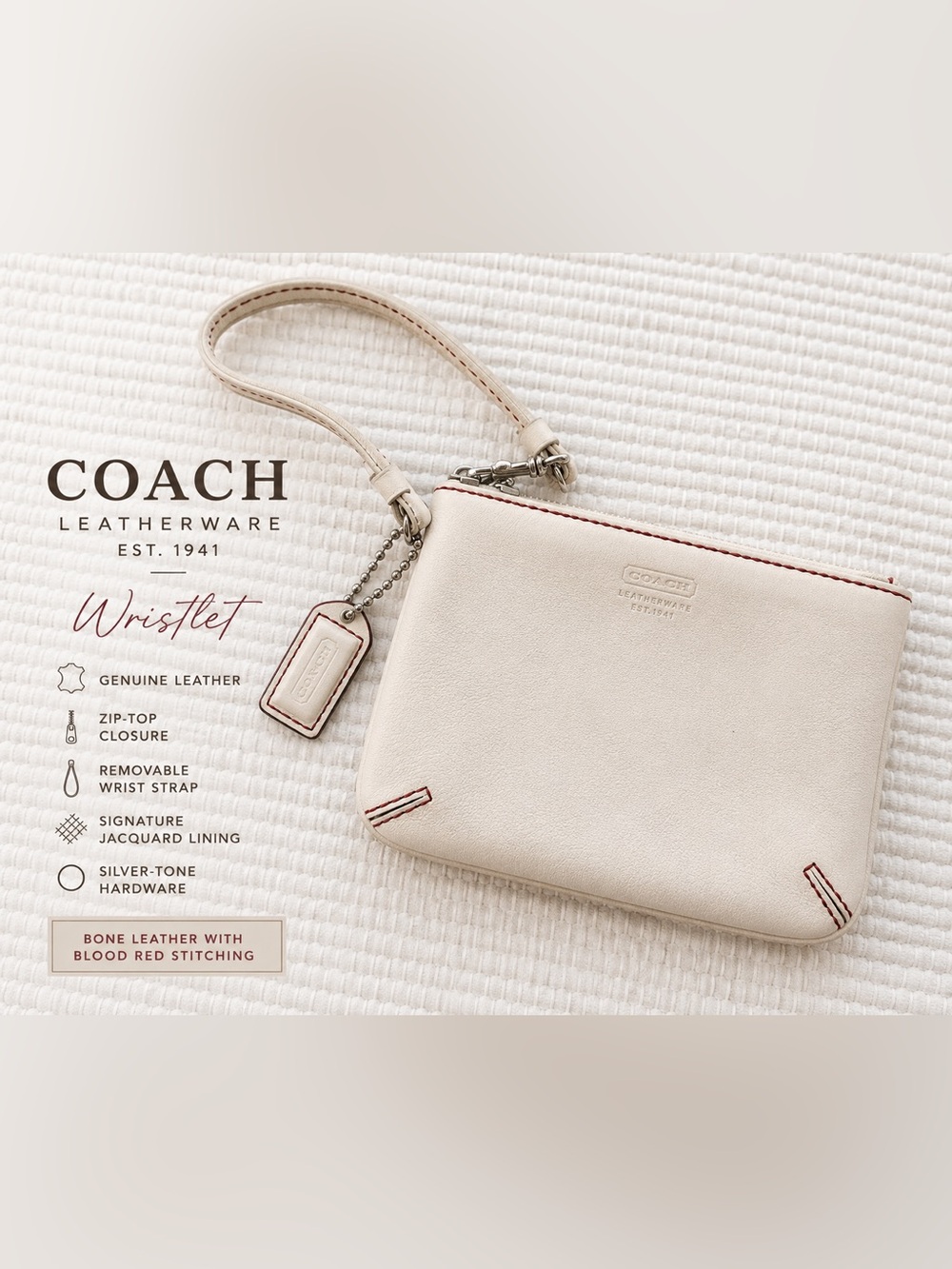 Coach Bone Ivory Leather Wristlet Contrast Red Stitching